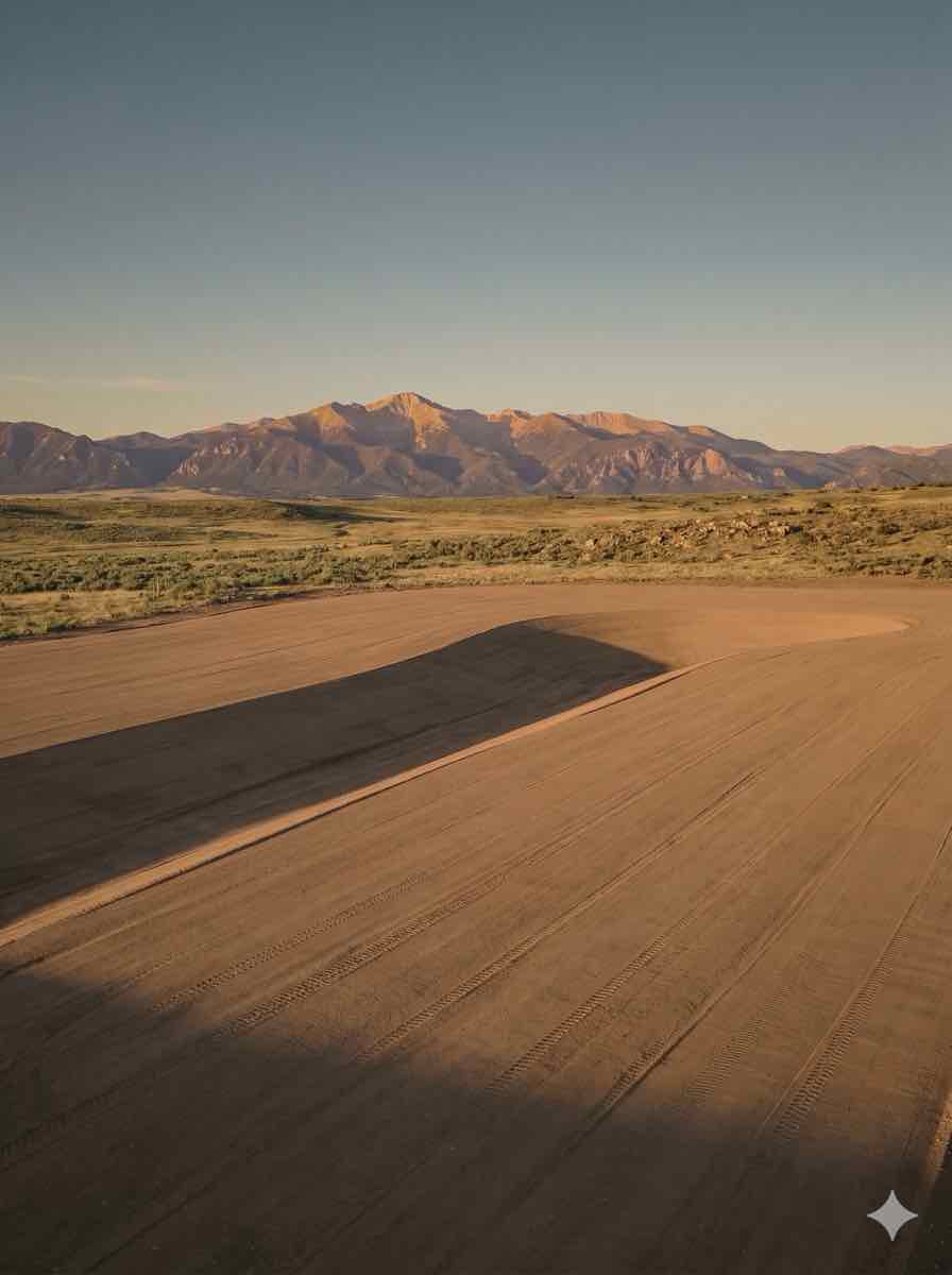 Aerial view of graded soil contour with mountain backdrop